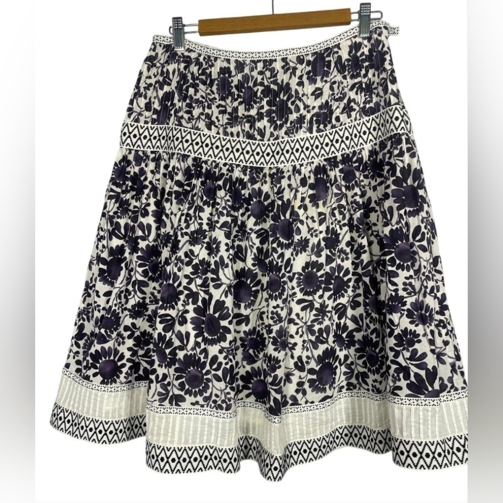 Talbots tiered floral skirt bands of embroidery Navy White sz 18